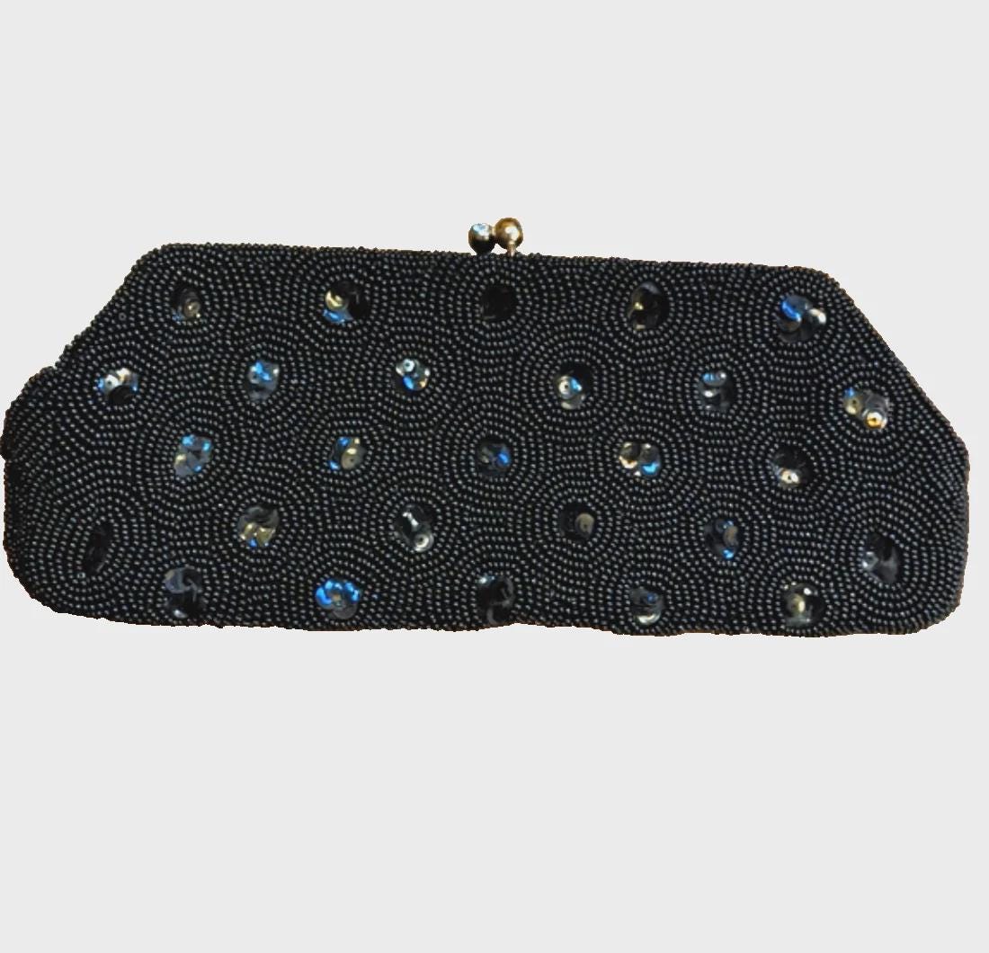 Black Beaded Handbag Vintage Beaded Evening Clutch by Debbie Japan