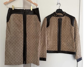 Wilson Leather MAXIMA Suede Print Brown Leather Bomber Jacket and Skirt Suit Size:10/L