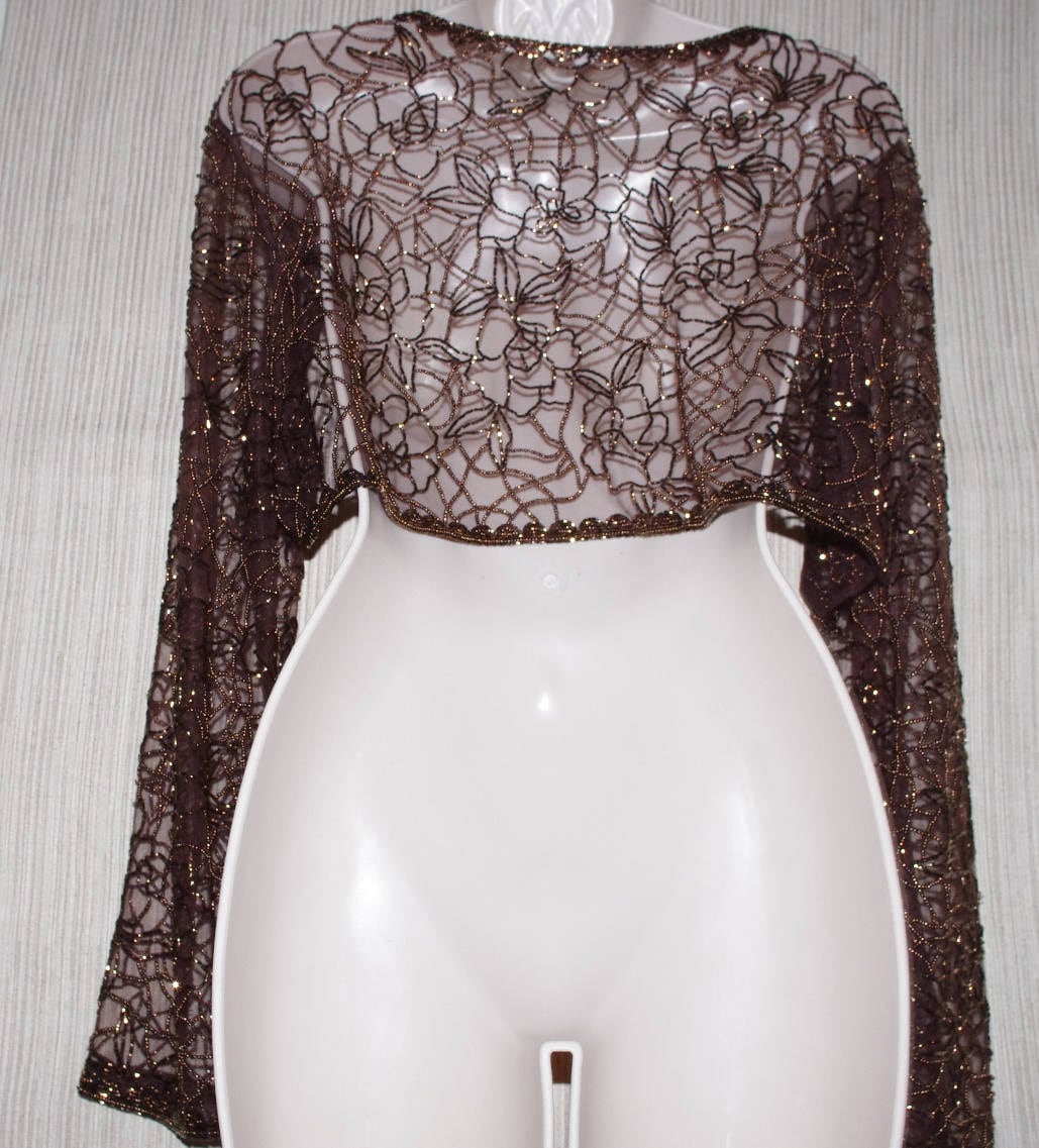 Brown Lace Beaded Vintage Long Sleeve Shrug Bolero Evening Top Size:20
