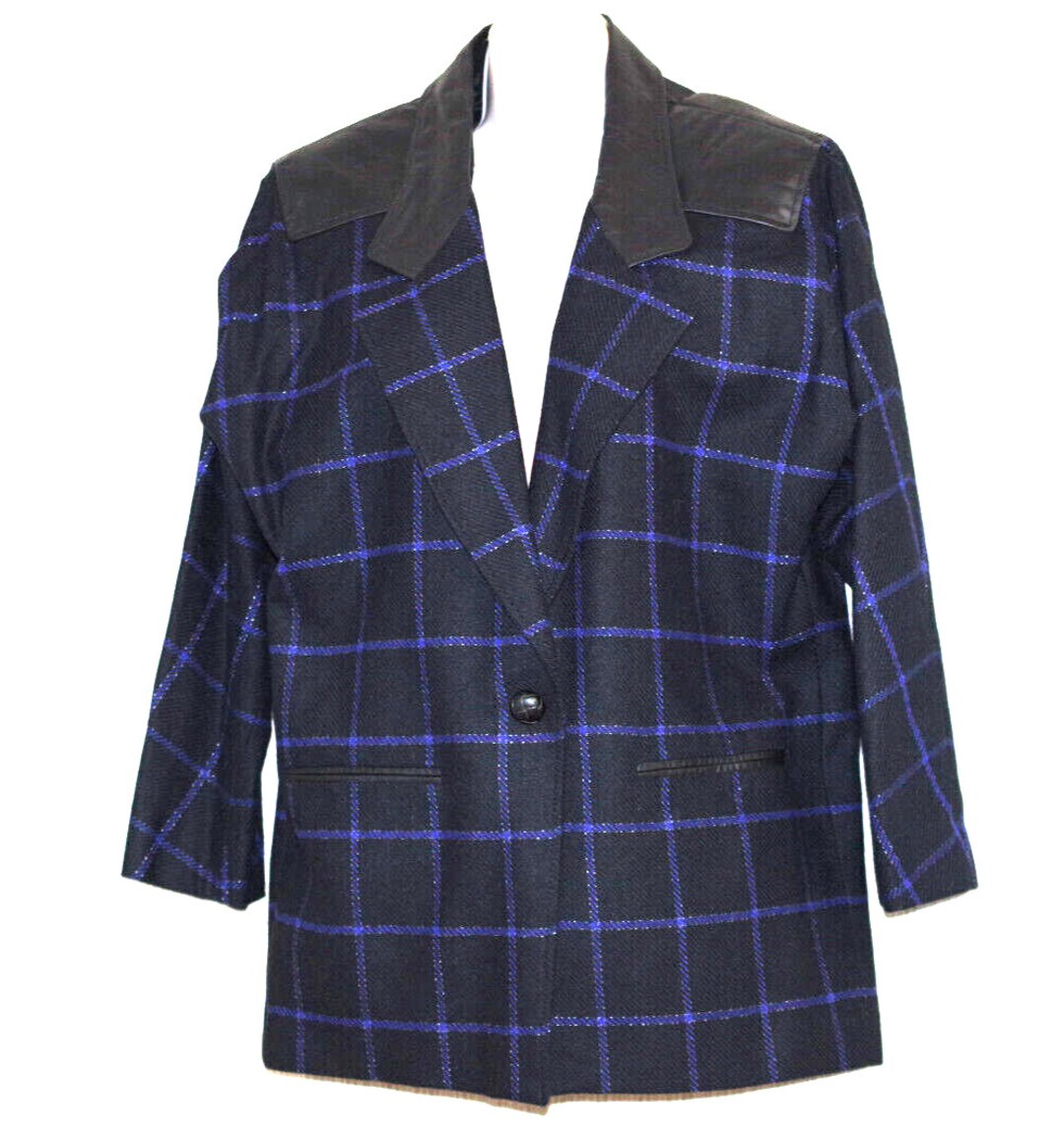 Adolfo Atelier Wool Leather Trim Plaid Black Blue Blazer Jacket
