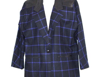 Adolfo Atelier Wool Leather Trim Plaid Black Blue Blazer Jacket