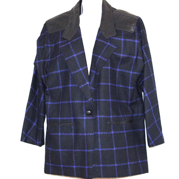 Adolfo Atelier Wool Leather Trim Plaid Black Blue Blazer Jacket Women's Size 8