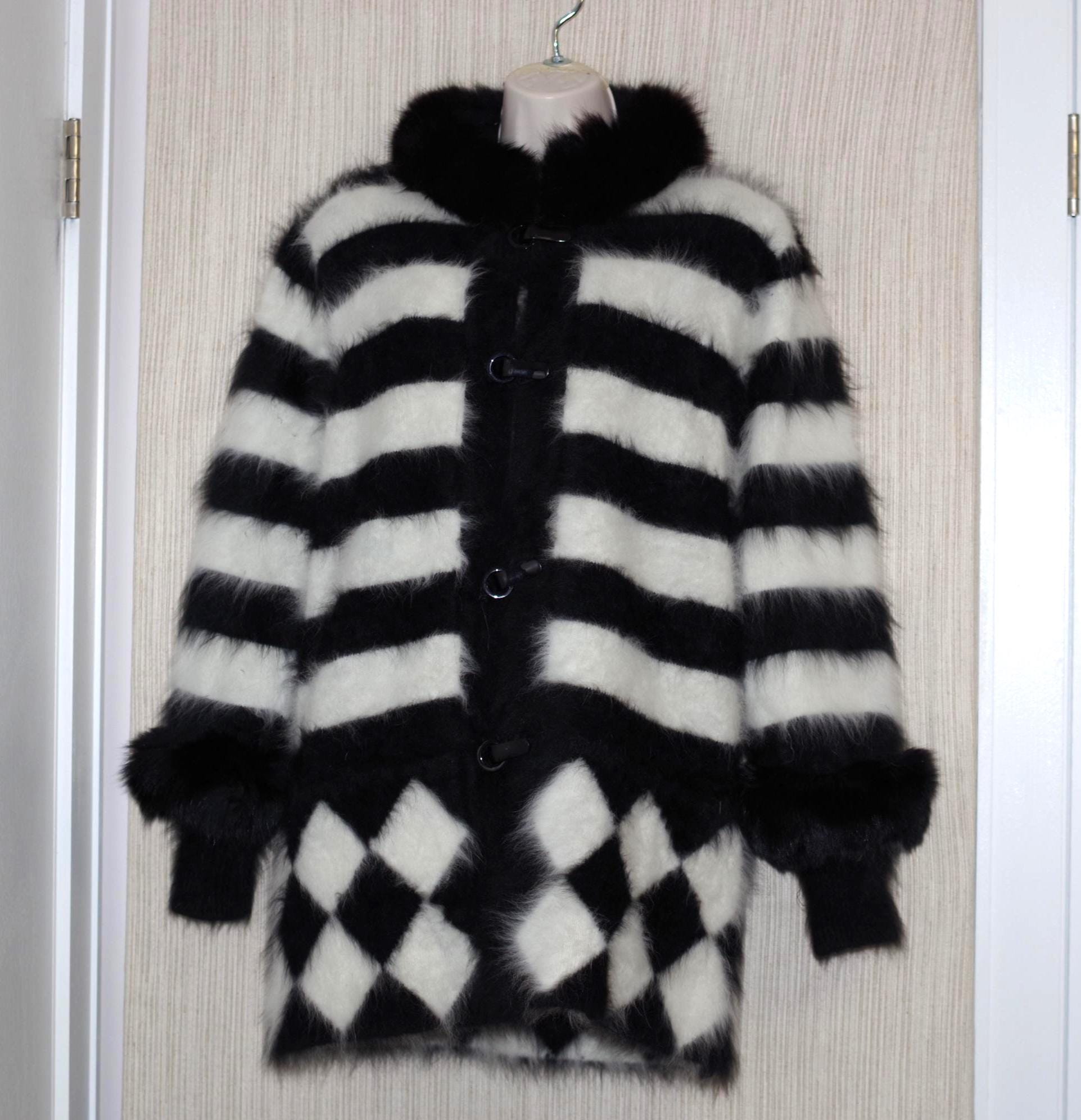 Gee Gee Angora Black White Fox Fur Trim Jacket Cardigan Sweater 