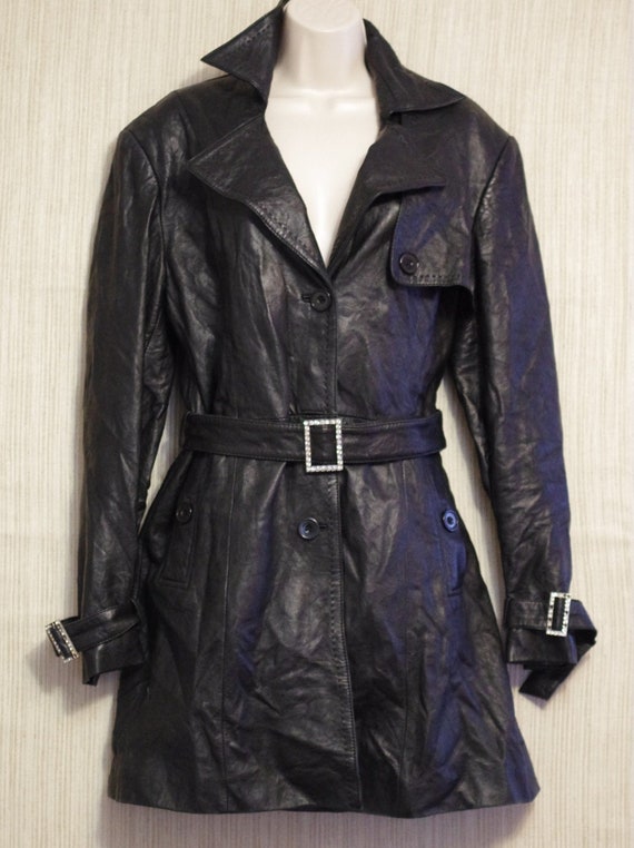 Donica  Crinkle Leather Black  belted Coat Size:XL