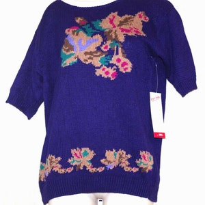 Work Habits Hand Knit Purple Print Cotton Ramie Short Sleeve Sweater Size:S