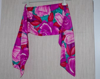 Pañuelo de seda con estampado de rosas, colores vibrantes, rosa, morado, magenta y rojo, años 90, 137 x 25 cm
