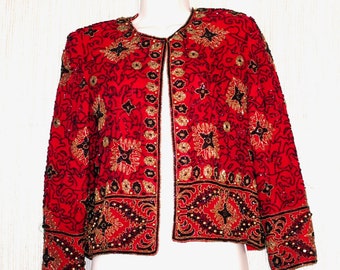Adrianna Papell Silk Red Beaded Evening Top Jacket  Women Size:S