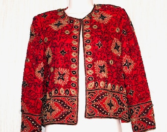 Adrianna Papell Silk Red Beaded Evening Top Jacket  Women Size:S