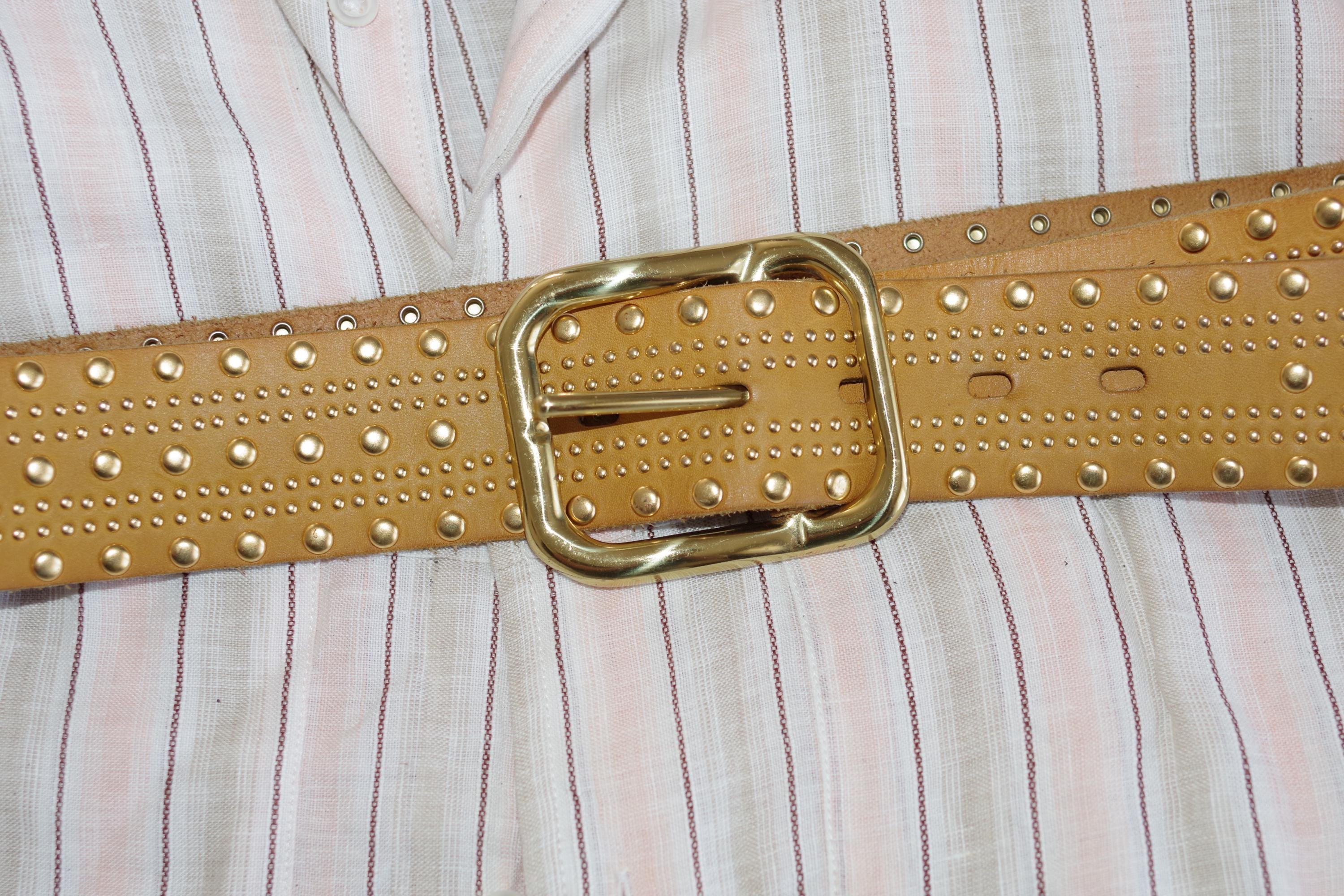 Linea Pelle Metal Brown Leather Studded Belt with Solid Brass Buckle Linea Pelle Waist Belts for Women | Mercari main image 2
