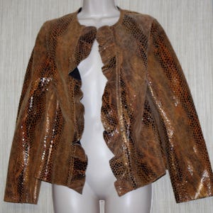 Leather Brown Leather Snake Print Reversible Open Women&#39;s Jacket Coat Size :Small