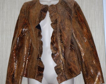 Leren bruine leren omkeerbare open damesjas met slangenprint, maat: klein