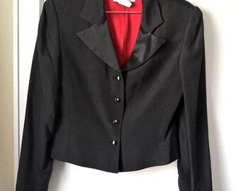 Blazer vintage Hannah Hardy de seda negra con botones de joyero y forro rojo. Talla: 6.