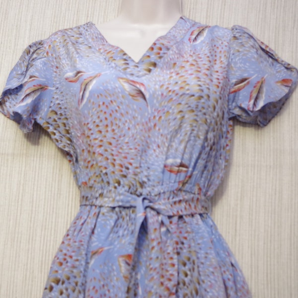 Hand Made  Silk Blue Gray Feather Print Short Sleeve Dress Size:S