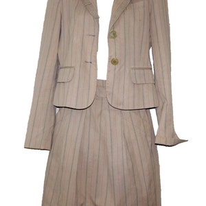 BCBGMaxAzria NINA Cotton Blend Beige Striped women vintage Blazer Skirt suit Size:XS