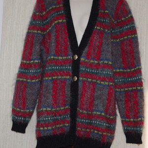 Susan Bristol 1990s Mohair Red Gray Plaid Women Cardigan Sweater Size: M