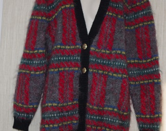 Susan Bristol 1990s Mohair Red Gray Plaid Women Cardigan Sweater Size:M