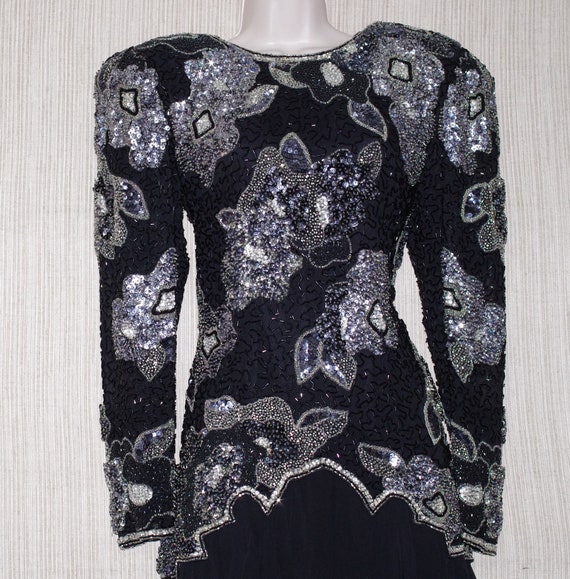Black Tie Made by He-ro Industries Black Silk Beaded Sequin Big Shoulder  Long Sleeve Cocktail Dress Size Vintage 10 - Etsy