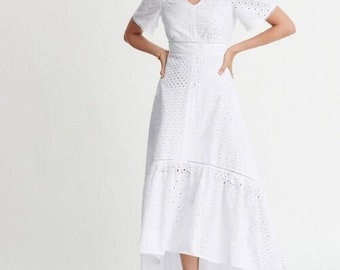 Ann Taylor White Cotton Short Sleeve Asymmetrical Maxi dress Size:6