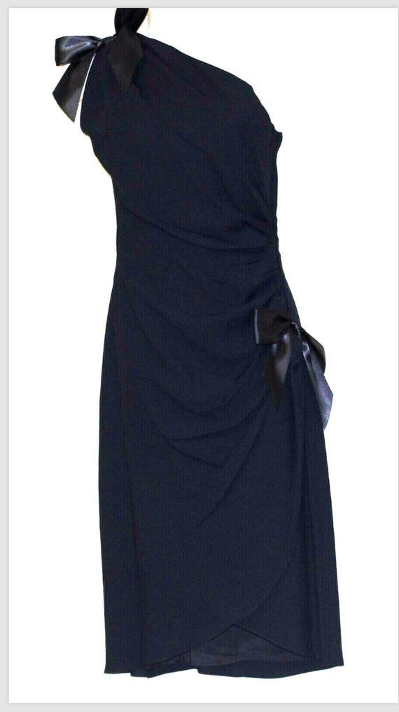 black dress with blue bow by Jeri New York Saks Fifth Avenue Assymmetrical Shoulder Cocktail Wrap Dress Size:4 Select Pant Waist Size:31W Showcasing a classy flowy GUEST OF 10 Best Miss Mary