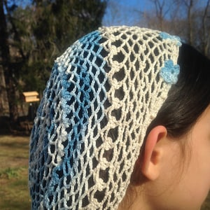 Blue & Ivory Cotton Snood, Flower Accent, Headcovering, Hair Net, Renaissance, Vintage 1940&#39;s Swing style, Civil War, Victorian Lacy Hairnet