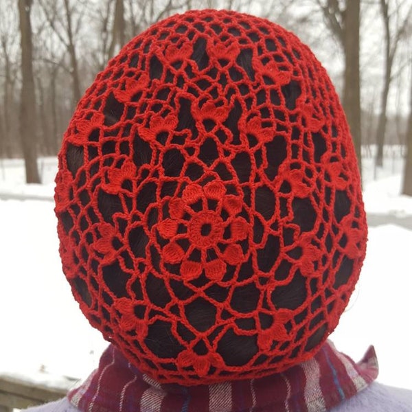 Red Floral Cotton Snood,  Crochet Headcovering, Vintage 1940's style, Renaissance, Civil War, Hair Net, Ties, Handmade, OOAK