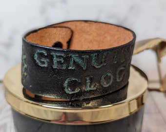 Leather Steampunk bracelet - "Genuine Clockwork", slightly flawed, DISCOUNTED!