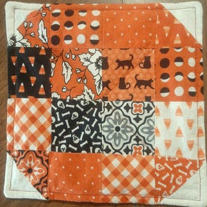 Autumn Patchwork Coaster, Quilted Mug Rug, Halloween Mug Rug