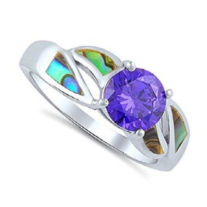 Sterling Silver,Hand-cut Iridescent Natural Abalone Shell Inlay,Simulated Amethyst February  Birth Stone, ladies Ring - (Size 5-9)(HAR-2140)