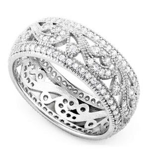 Sterling Silver High Polish Rhodium Plated Simulated Diamond 8mm Wide Dome, Antique ,Filligree Patern, Eternity Ring - (Size 5-11)(HR-0162)