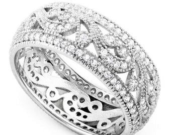 Sterling Silver High Polish Rhodium Plated Simulated Diamond 8mm Wide Dome, Antique ,Filligree Patern, Eternity Ring - (Size 5-11)(HR-0162)