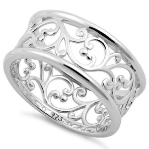 925 Sterling Silver Vintage Durable Ornate Scroll Vines Pattern 9mm Wide Band, Comfort Fit, Thumb, Index Eternity Ring-(Size 3-13) HR-2351