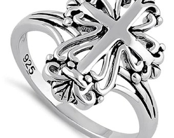 Sterling Silver Cross Ring: Antique Design, Rhodium Plated