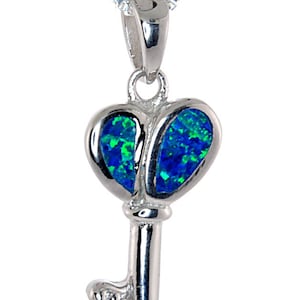 Sterling Silver the Key to &quot;Someone&#39;s Loved and Special Heart&quot; Blue Opal Enhanced Pendent Chain Necklace - HOP-1037 Heartkey