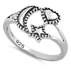 Sterling Silver Moon,Star And Heart, a Romantic Sweet Statement of Love, Messengers of a new Beginning Ring - (Size 2-14)-HR-2355