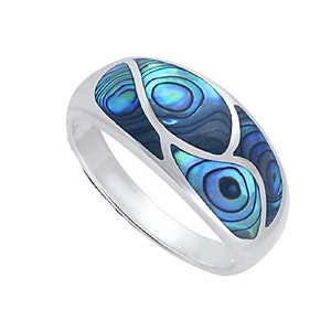 Sterling Silver,Hand-cut Iridescent Natural Abalone Shell Inlay, the Energy of Ocean, Dome Shape ladies Ring - (Size 6-9)(HAR-2132)