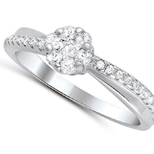 Sterling Silver Diagonal Overlap Ring Pave Simulated Diamond ,Flower Cluster Center Ring -(SIZE: 5 - 10) HR-0227