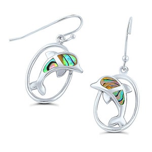 May include: Sterling silver dangle earrings featuring a dolphin design with abalone shell inlay. The dolphin is set in a circular hoop.