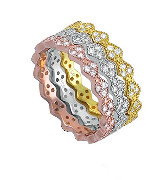 Set of 3 Stacking Rings with Cubic Zirconia Three Tone Rope Twist Band Set of 3 Stacking Rings with Cubic Zirconia Three Tone Rope Twist Band
