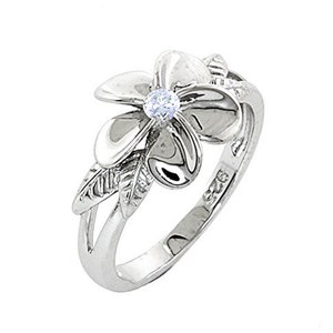 Sterling Silver Simulated Diamond Hawaiian Plumeria Flower Maile Leaf,Contemporary,trendy,Women,Teens Inddex,Thumb Ring-( SIZE 5-9) HR-0245