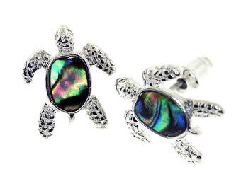 Rhodium Plated 925 Sterling Silver "TURTLES" Symbol of Patience, Wisdom, Friction Post Back Earrings with Natural Abalone Shell-(HAE-144)