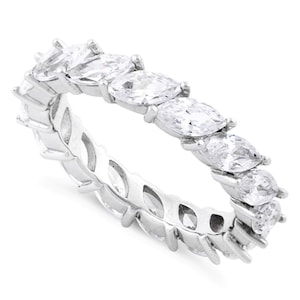Sterling Silver High Polish, Rhodium Plated, Simulated Diamond Marquise 4mm Wide ,Wedding,anniversary Eternity Ring - (Size 4-13)(HR-0156)