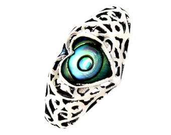 Sterling Silver Filigree Heart Ring with Uniquely Fashioned Iridescent Natural Abalone Shell, ladies Ring - (Size 6-10) HAR-026