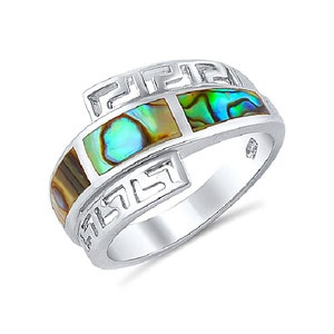 Sterling Silver,Hand-cut Mosaic Iridescent Natural Abalone Shell Inlay, Greek Key Index ,Thumb ladies Ring - (Size 5-9)(HAR-2138)