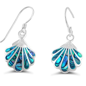 May include: Sterling silver earrings with a blue abalone shell design. The earrings have a hook closure.