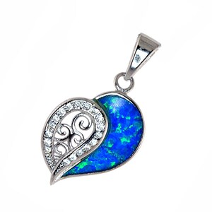 Sterling Silver and Simulated Diamond Unique Vintage Heart Pendant With Blue Opal Enhanced Jewelled Heart Necklace - HOP-1034 Heart