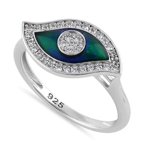 Sterling Silver Evil Eye Ring: Green Enamel, Cubic Zirconia