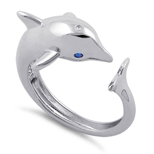 Sterling Silver Hand Crafted&quot;Intelligent Playful Creature of Marine &quot;Blue Eyes Dolphin&quot;Pinky ,Thumb and Tow Ring for Women,Teens-(Size 4-10)