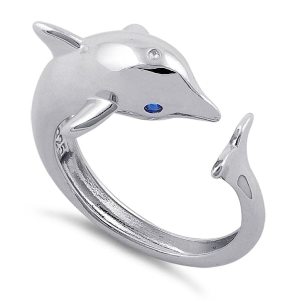 Sterling Silver Hand Crafted"Intelligent Playful Creature of Marine "Blue Eyes Dolphin"Pinky ,Thumb and Tow Ring for Women,Teens-(Size 4-10)