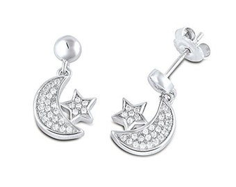Sterling Silver 2 Style Moon and Star With Cubic Zirconia And Plain Friction Post Back Earrings for Pierced Ears-(HE-0130)(HE-215
