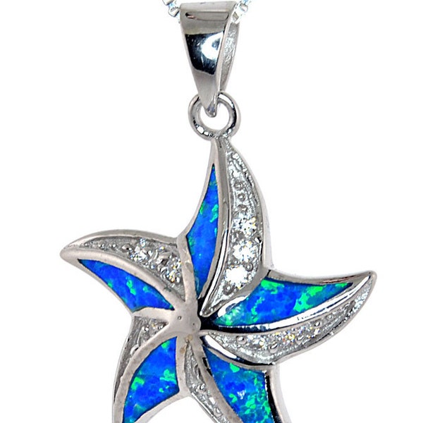 Sterling Silver"SEA STAR" Celestial Symbol of Infinite Divine Love Pendent or Necklace with C-Z & Lab Created Opal Inlay-(HOP-1036 Starfish)